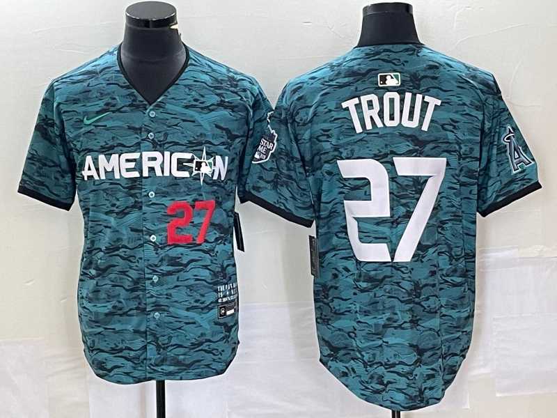 Men%27s Los Angeles Angels #27 Mike Trout Number Teal 2023 All Star Cool Base Stitched Jersey->los angeles angels->MLB Jersey